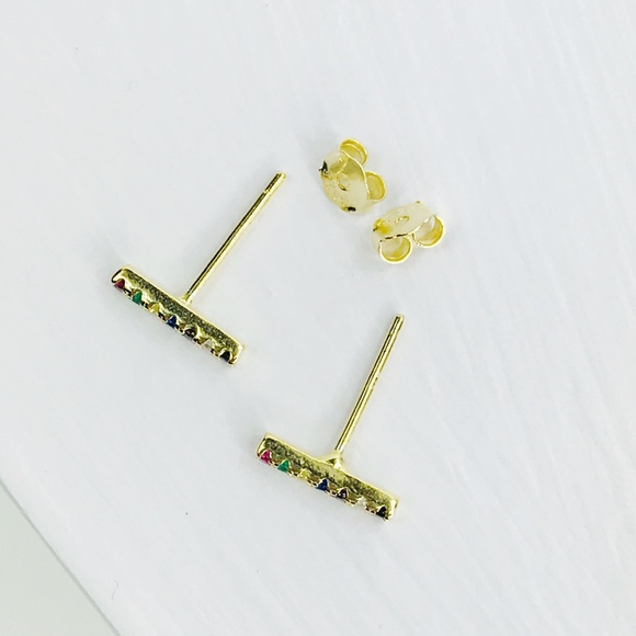 Rainbow CZ Bar Stud Earrings - Picture 6 of 8